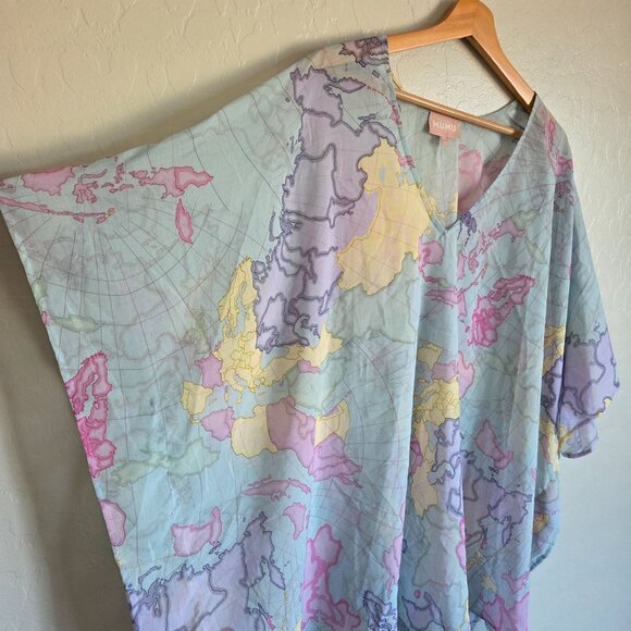Show Me Your Mumu World Tour Peta Tunic Map Print Blue Size Medium Chiffon Sheer - Picture 5 of 9